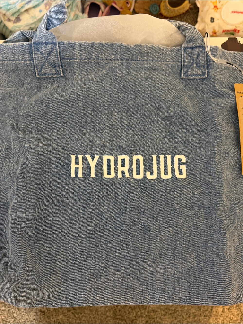 HydroJug Denim Tote Bag in Blue with White Logo